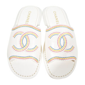 Chanel 21P White Multicolor Lambskin Leather CC Logo Slide Sandal Mule Flat 36